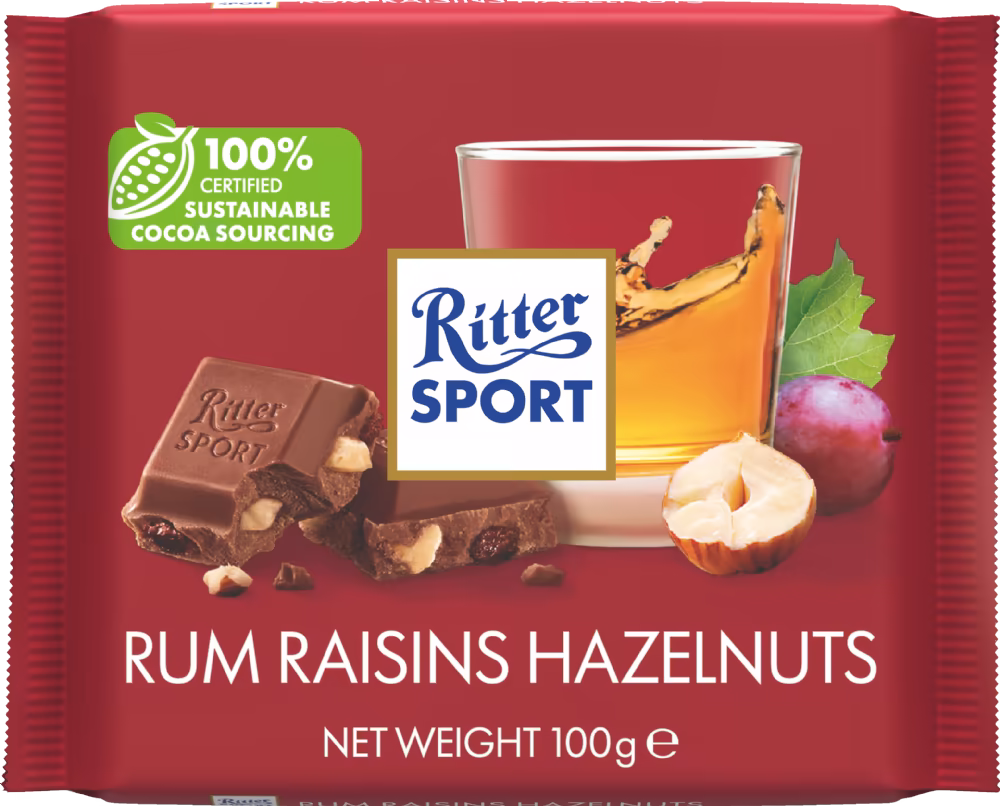 RITTER SPORT Rum, Raisins, Hazelnuts Milk Chocolate 100g