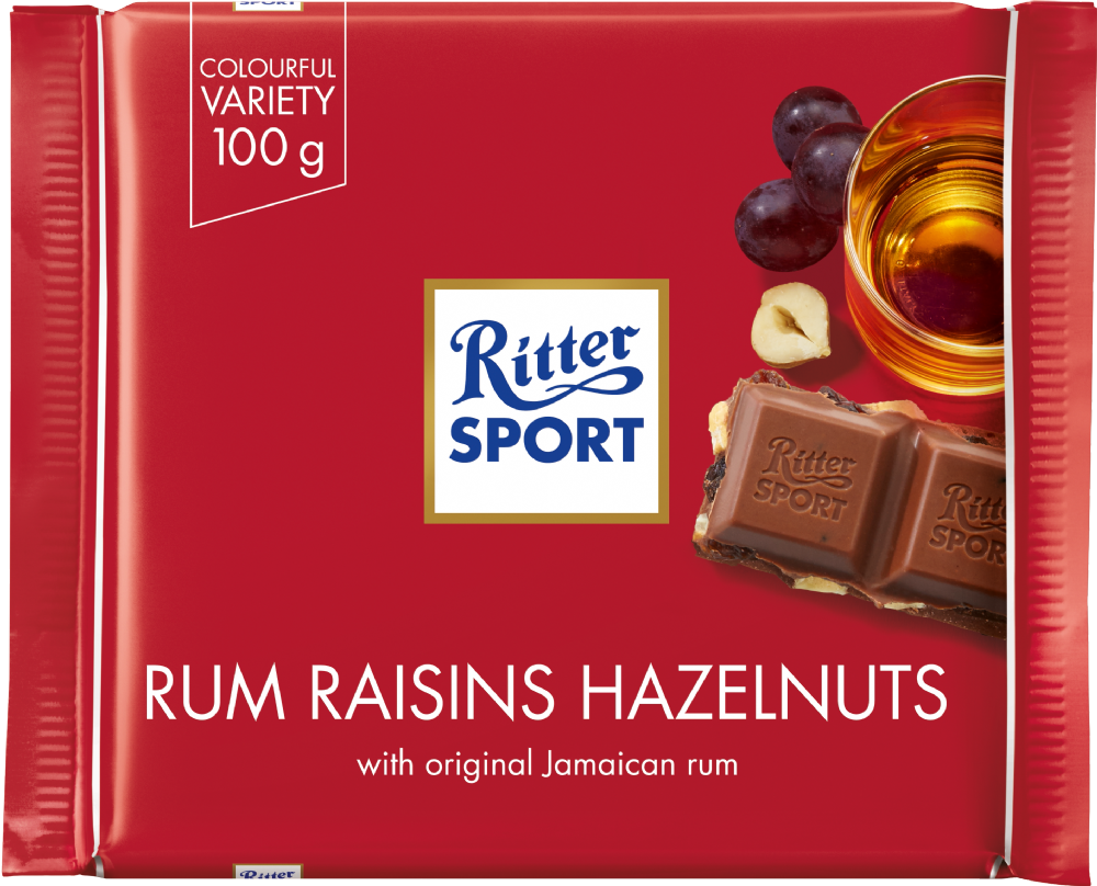 RITTER SPORT Rum, Raisins & Hazelnuts Chocolate 100g