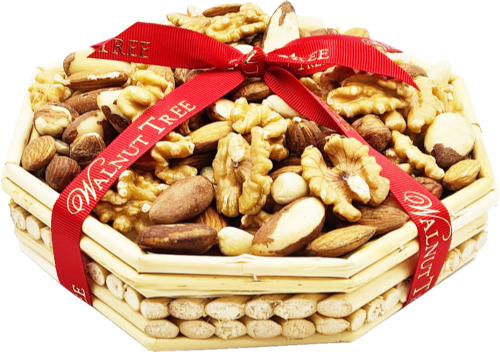 WALNUT TREE Octagonal Reed Tray filled with Nuts 300g