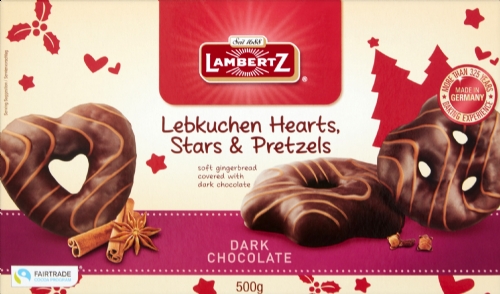LAMBERTZ Lebkuchen Hearts, Stars, Pretzels - Dark Choc 500g