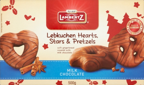 LAMBERTZ Lebkuchen Hearts, Stars, Pretzels - Milk Choc 500g