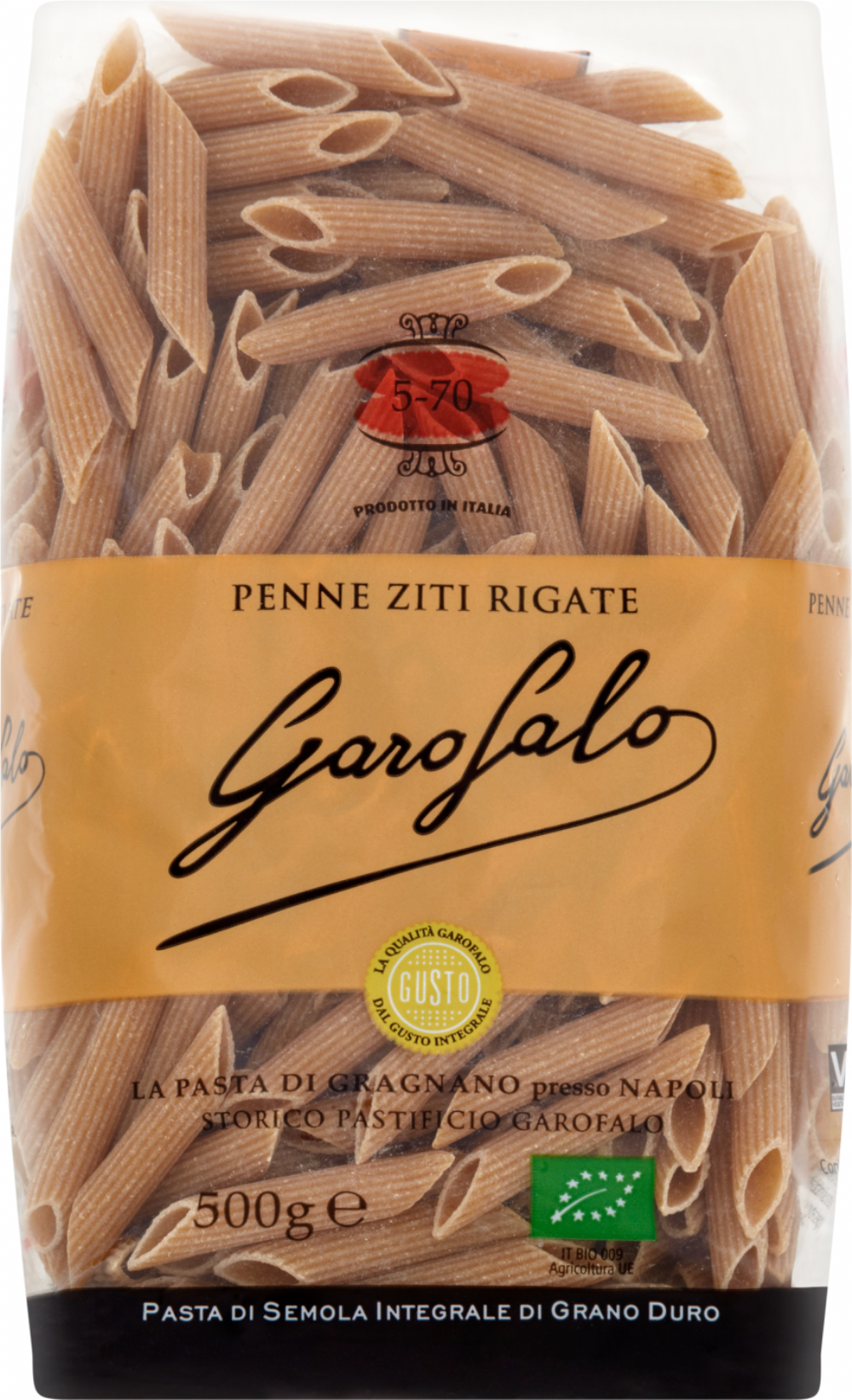 GAROFALO PASTA Organic Whole Wheat Penne Ziti Rigate 500g