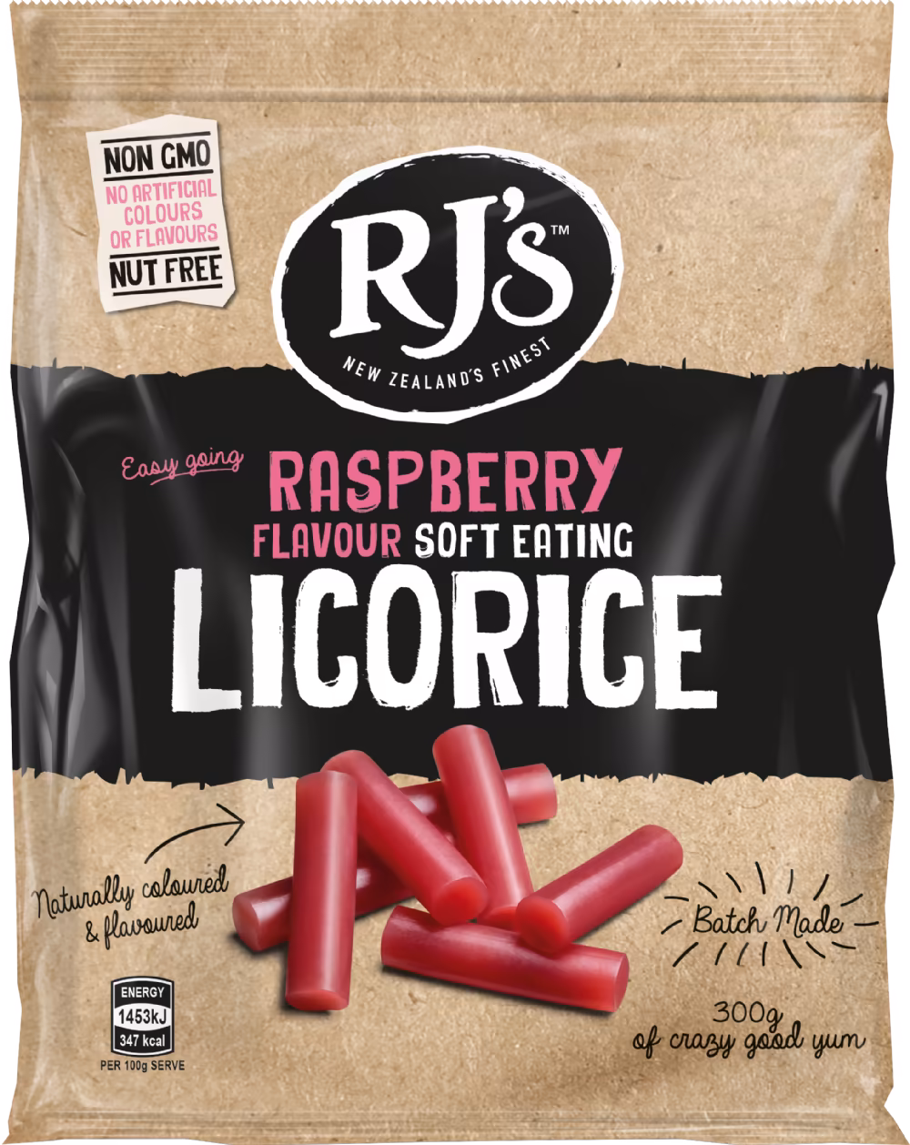 RJ'S LICORICE Raspberry Soft Eating Licorice - Bag 300g
