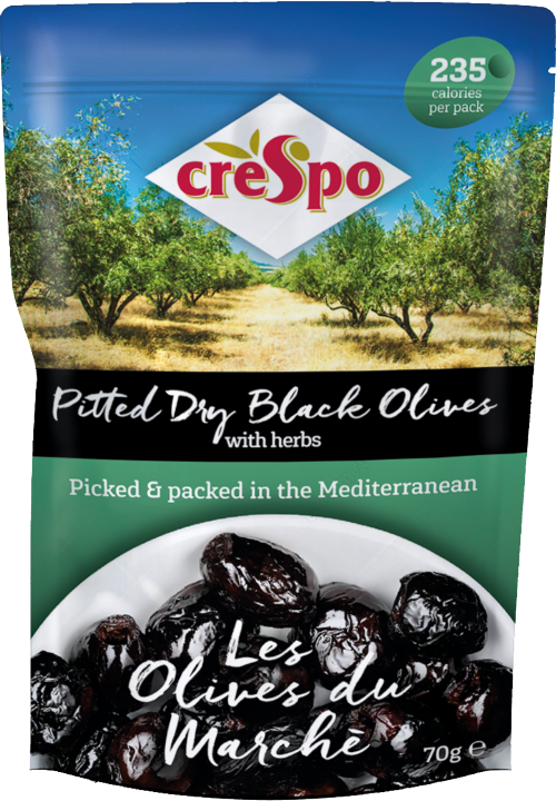 CRESPO Pitted Dry Black Olives with Herbs 70g