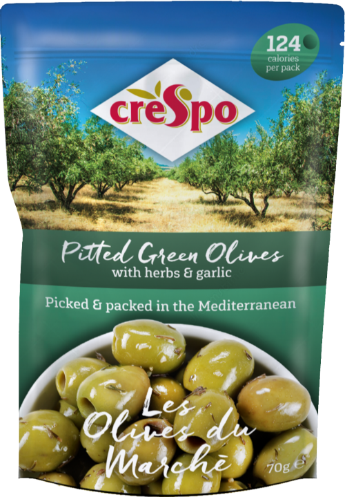 CRESPO Pitted Green Olives with Herbs & Garlic 70g