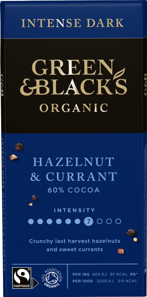 GREEN & BLACK'S Organic Hazelnut & Currant Dark Choc Bar 90g