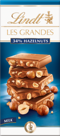 LINDT Les Grandes Milk Chocolate 34% Hazelnuts Bar 150g