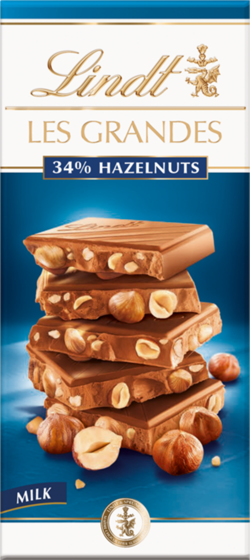 LINDT Les Grandes Milk Chocolate 34% Hazelnuts Bar 150g