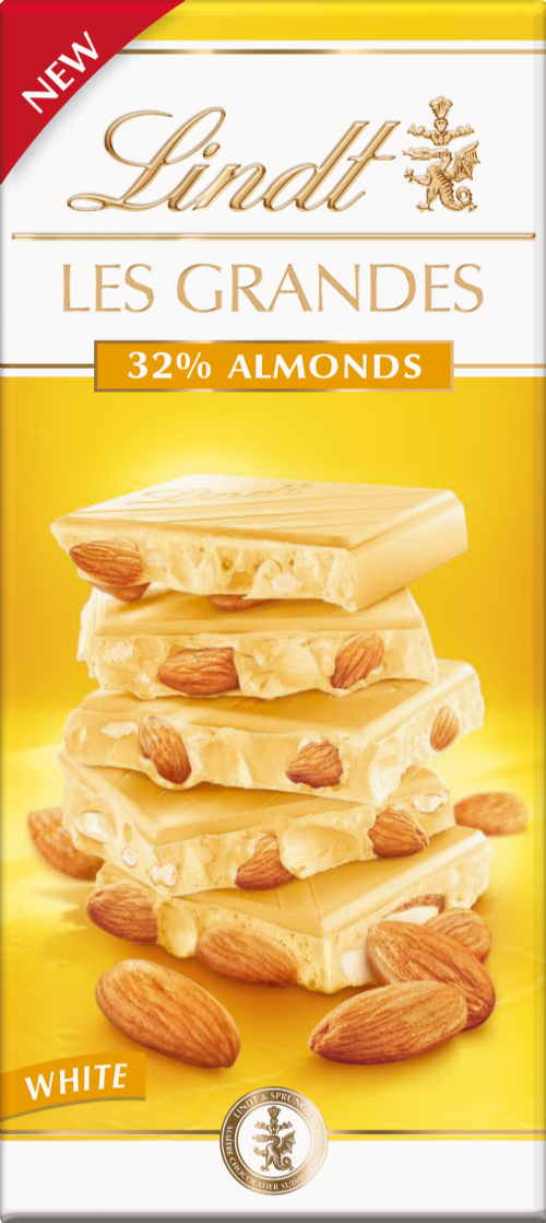 LINDT Les Grandes White Chocolate 32% Almonds Bar 150g