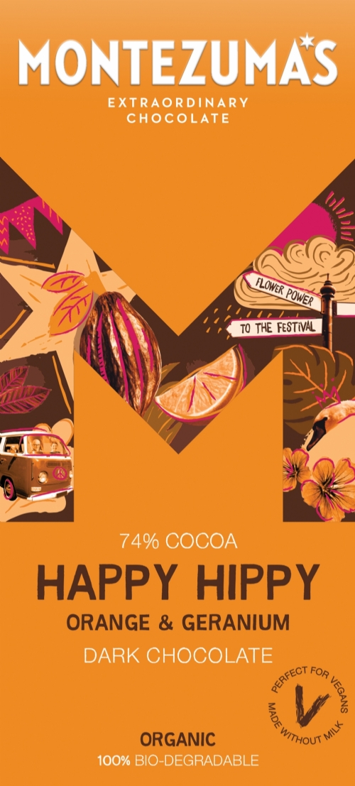 MONTEZUMA'S Happy Hippy Orange & Geranium Dark Choc Bar 90g