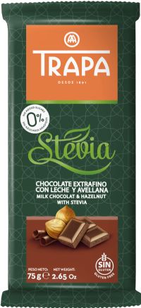 TRAPA Milk Chocolate & Hazelnut with Stevia 75g