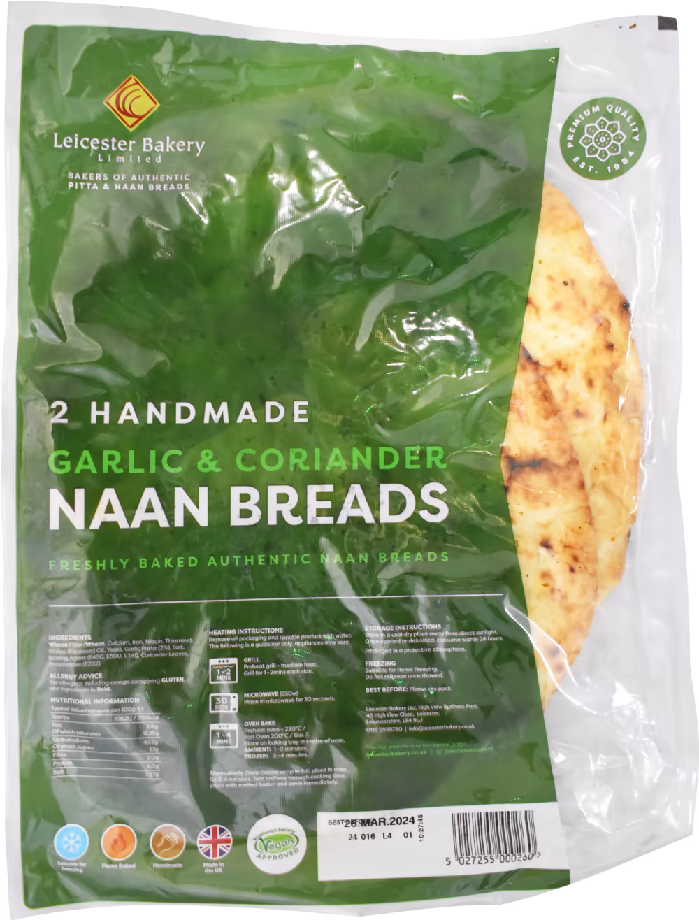 LEICESTER BAKERY 2 Handmade Garlic & Coriander Naan Breads