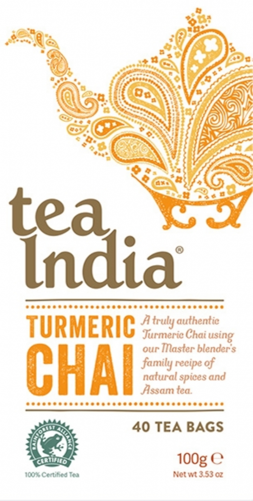 TEA INDIA Turmeric Chai 40 Teabags 100g (5010244105237)