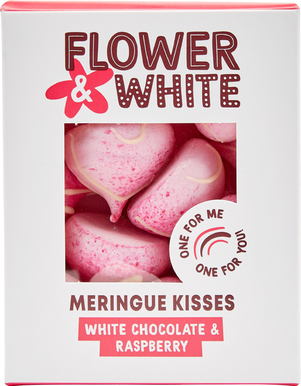 FLOWER & WHITE Meringue Kisses - White Choc & Raspberry 100g (5060314324693)