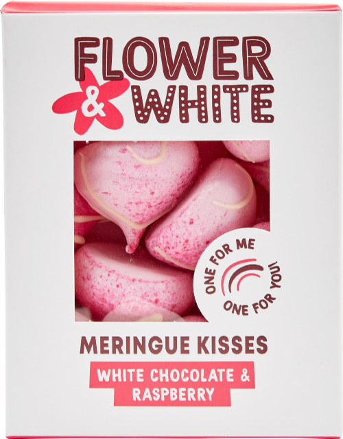 FLOWER & WHITE Meringue Kisses - White Choc & Raspberry 100g