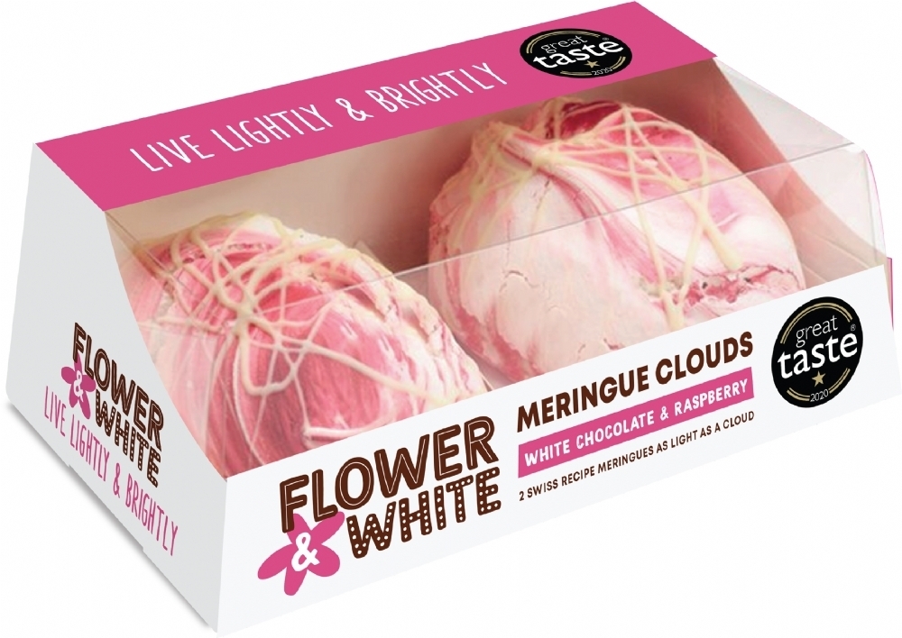 FLOWER & WHITE 2 Meringue Clouds - White Choc & Rasp 140g (5060314324655)