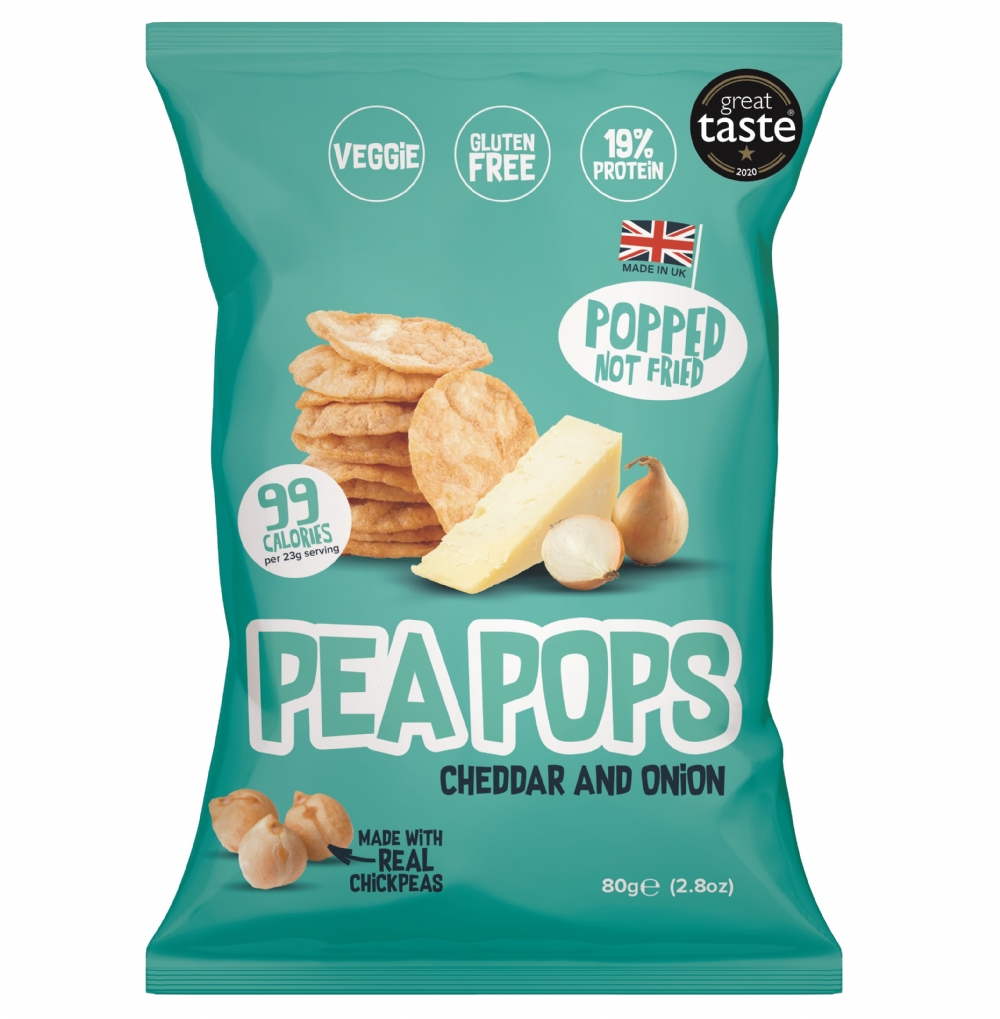 PEA POPS Cheddar & Onion Flavour Soya & Chickpea Snacks 80g (5060536110630)