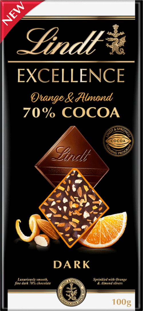LINDT Excellence Dark 70% Cocoa Orange & Almond Bar 100g