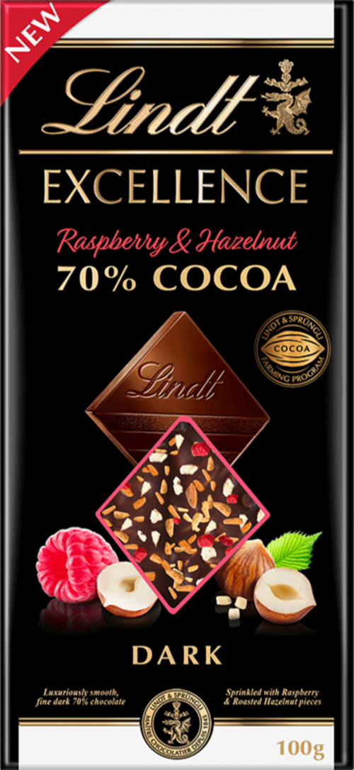 LINDT Excellence 70% Cocoa Raspberry & Hazelnut Bar 100g