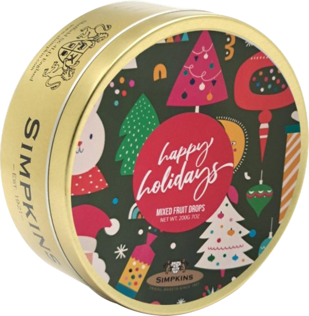 Holleys Fine Foods SIMPKINS Mixed Fruit Drops Happy Holidays Tin 200g