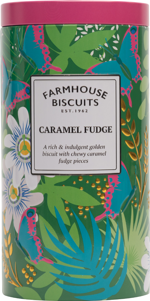 FARMHOUSE Caramel Fudge Biscuits in Tropical Bright Tin 200g