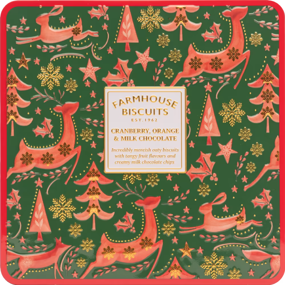 FARMHOUSE BISCUITS Cranberry, Orange & Milk Chocolate Biscuits in Winter Animals Tin 250g