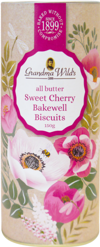 GRANDMA WILD'S Sweet Cherry Bakewell Biscuits in Botanical Floral Tube 150g