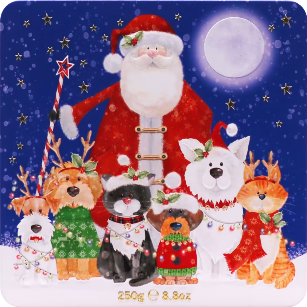 FARMHOUSE BISCUITS Cranberry & White Choc Chip Biscuits in Santa, Cat & Dog Tin 250g
