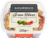 GOURMICO Pitted Greek Green Olives with Garlic & Red Pepper - Deli Pot 120g