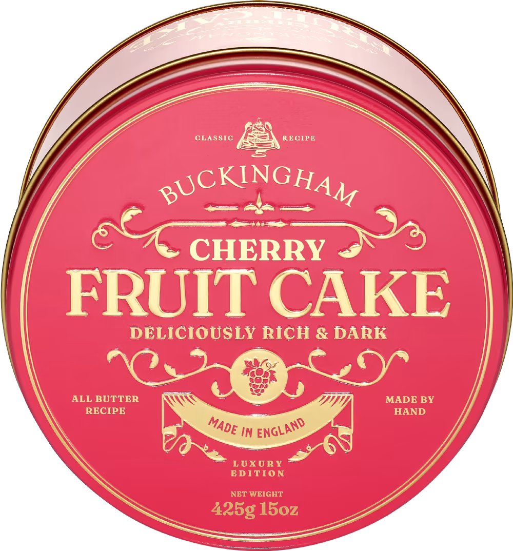 BUCKINGHAM Cherry Fruit Cake in Pink Vintage Gift Tin 425g