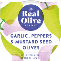 THE REAL OLIVE COMPANY Garlic, Peppers & Mustard Seed Pitted Olives -  Deli Pot 160g