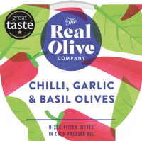 THE REAL OLIVE COMPANY Chilli, Garlic & Basil Pitted Olives - Deli Pot 160g