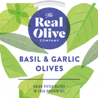 THE REAL OLIVE COMPANY Basil & Garlic Mammoth Pitted Olives - Deli Pot 160g