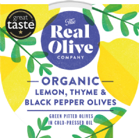 THE REAL OLIVE COMPANY Organic Lemon, Thyme & Black Pepper Pitted Olives - Deli Pot 150g