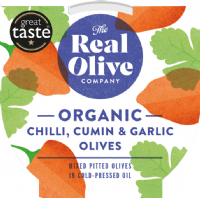 THE REAL OLIVE COMPANY Organic Chilli, Cumin & Garlic Pitted Olives - Deli Pot 150g