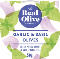 THE REAL OLIVE COMPANY Garlic & Basil Pitted Olives - Snack Pot 50g