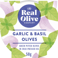 THE REAL OLIVE COMPANY Garlic & Basil Pitted Olives - Snack Pot 50g