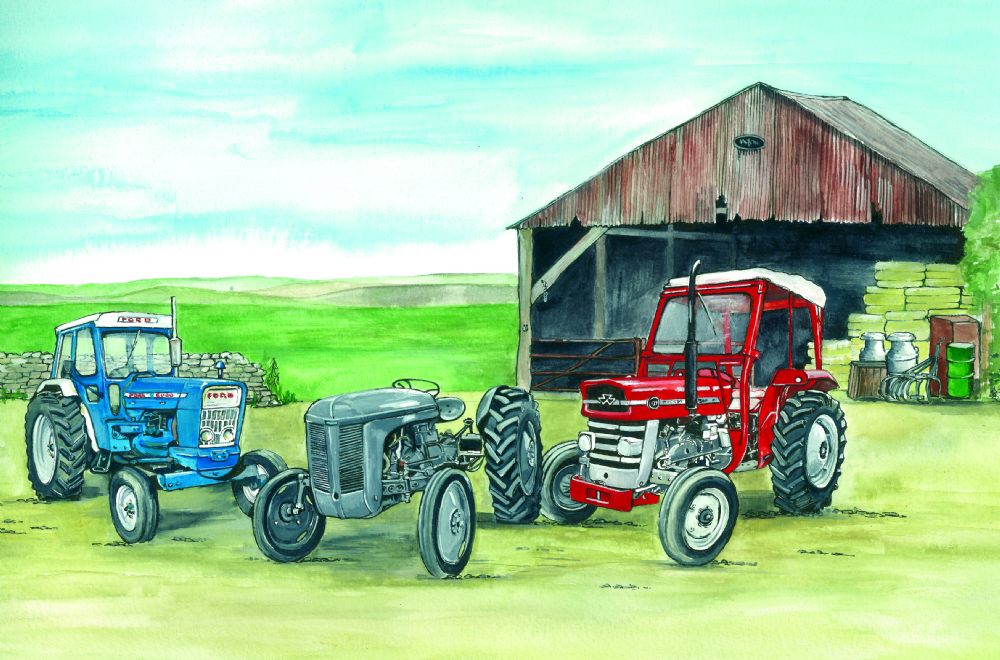 SUE PODBERY Three Classic Tractors Card