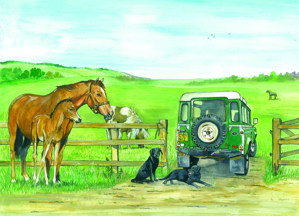 SUE PODBERY Mare & Foal & Land Rover Card