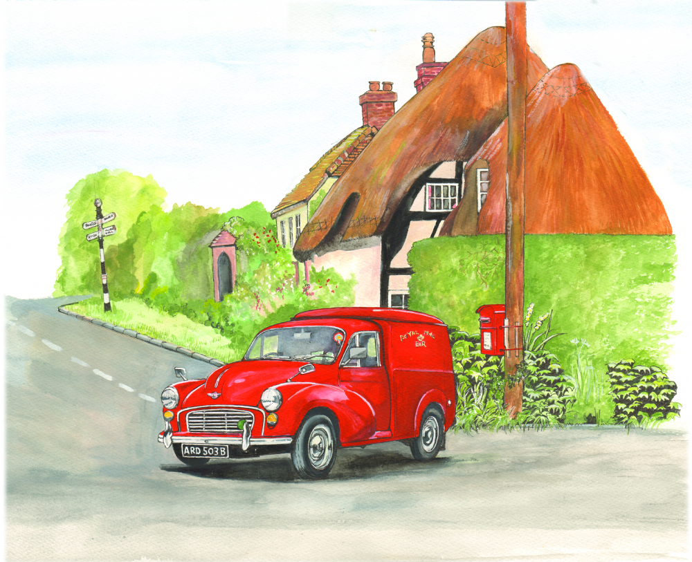 SUE PODBERY Morris Minor Post Office Van Card