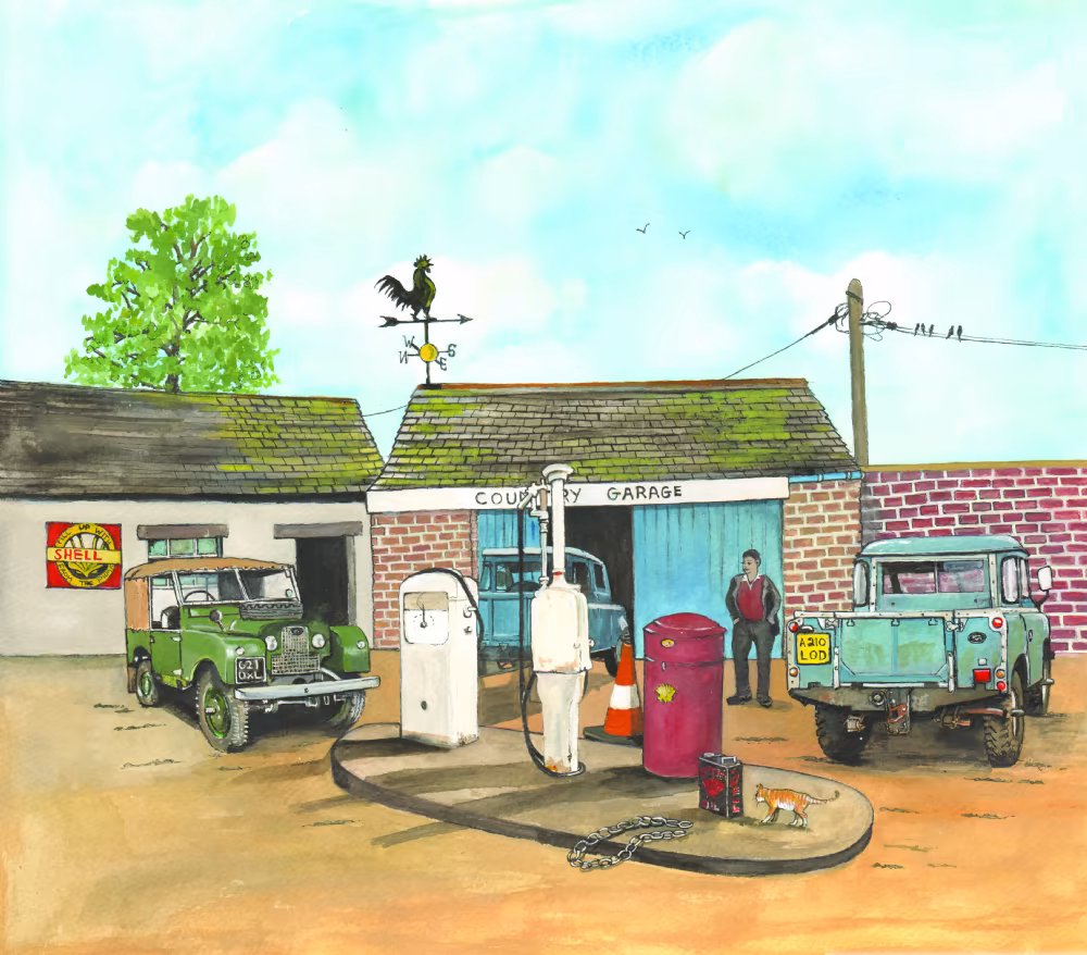 SUE PODBERY Land Rovers Country Garage Card