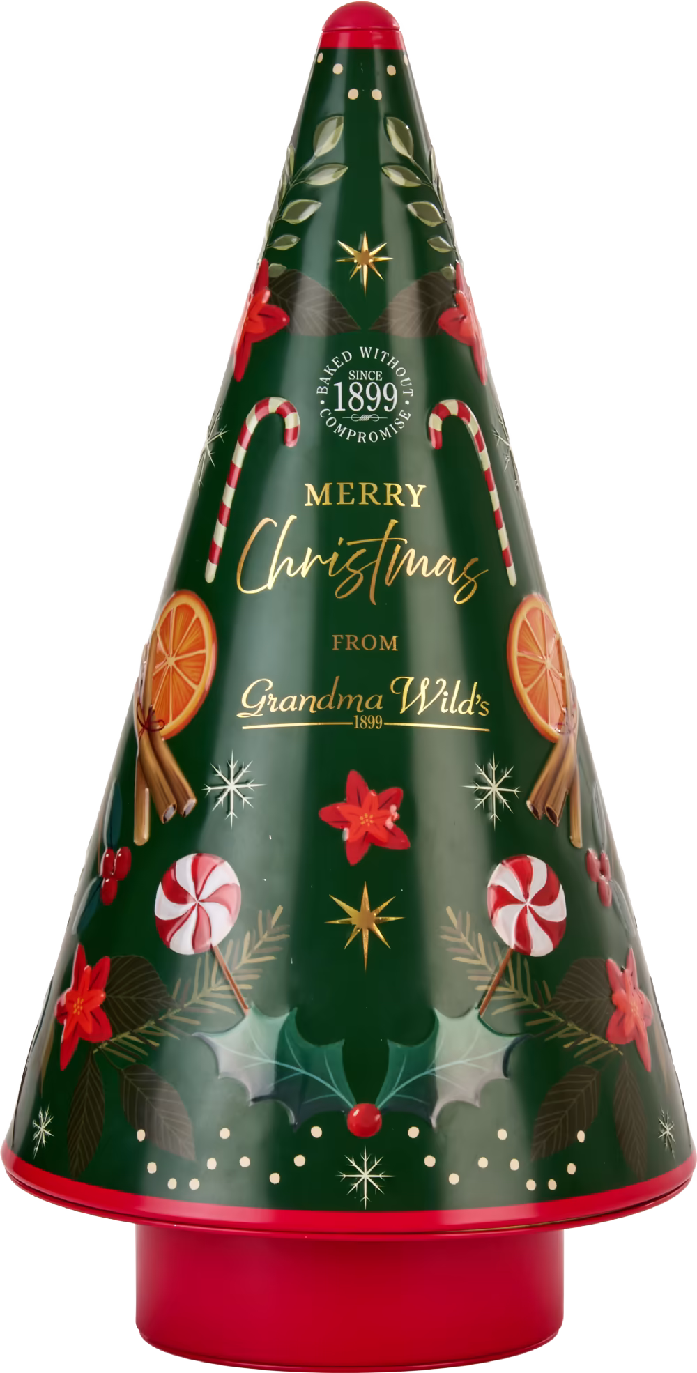 GRANDMA WILD'S Festive Gingerbread Shaped Biscuits in Embossed Musical Merry Christmas Tree Tin 250g