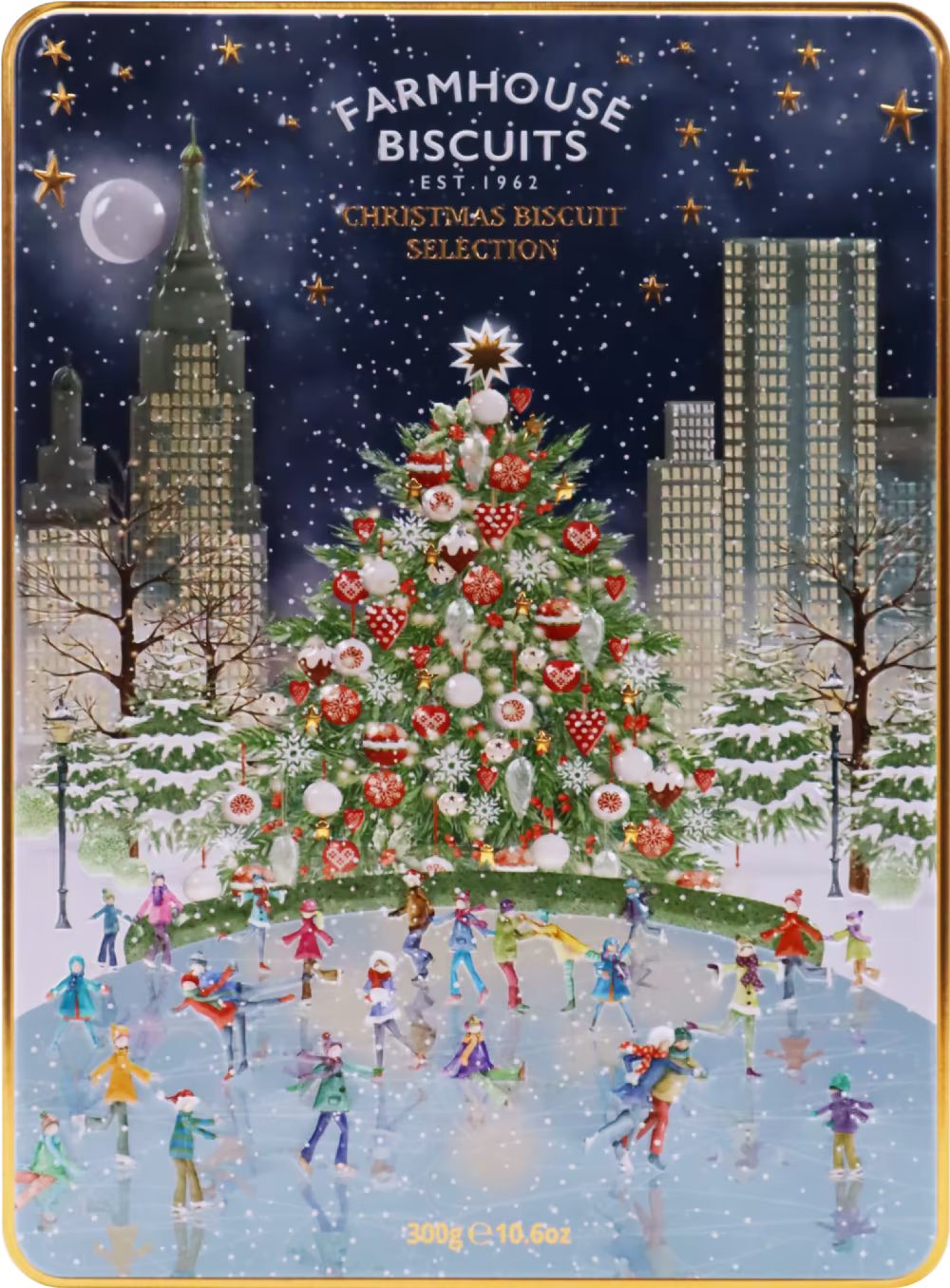 FARMHOUSE BISCUITS Assorted Biscuits in Winter City Skating Scene Tin 300g