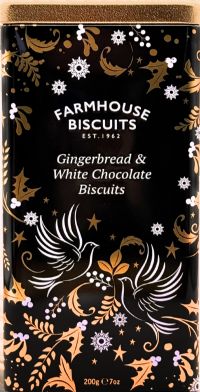 FARMHOUSE BISCUITS Gingerbread & White Chocolate Biscuits in Black Triangle Tin 200g