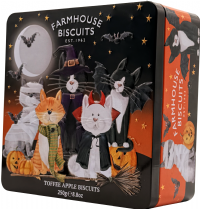 FARMHOUSE BISCUITS Toffee Apple Biscuits in Spooky Cat Tin 250g
