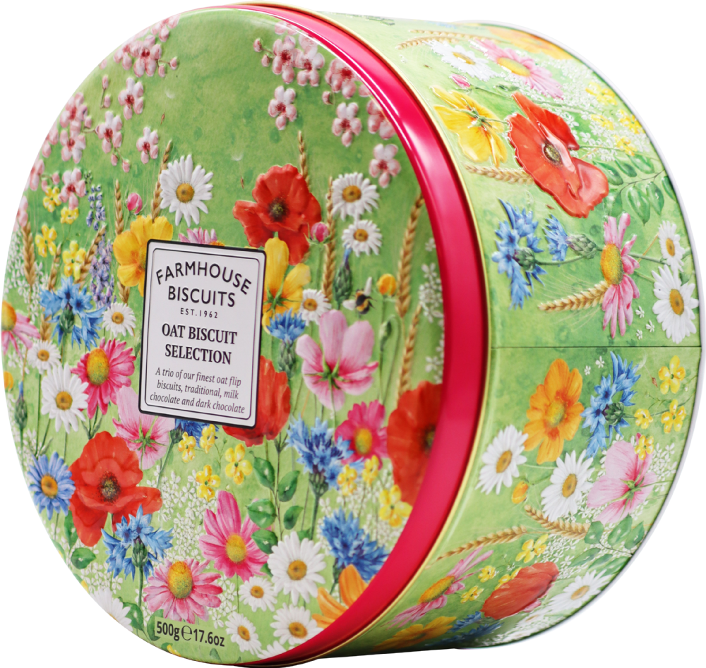 FARMHOUSE BISCUITS Oat Biscuit Selection in Embossed Floral Round Tin 500g