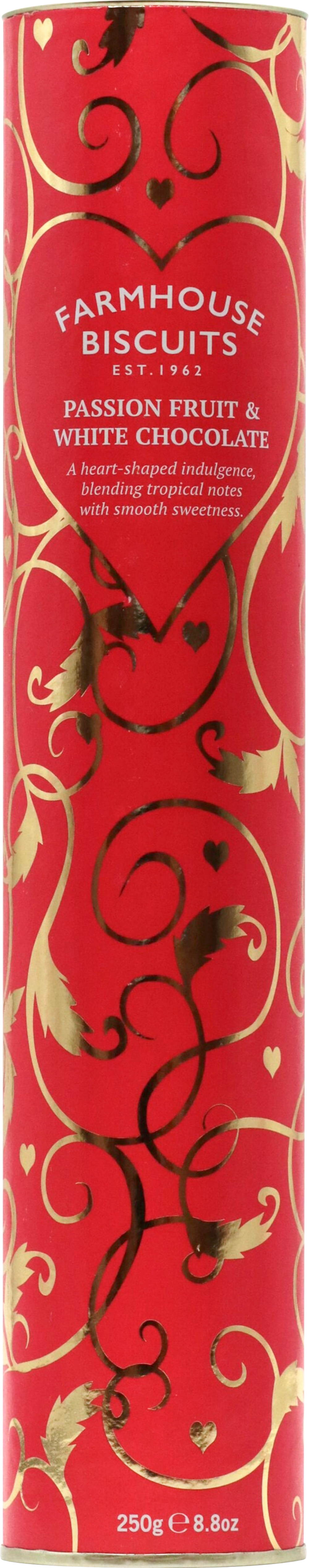 FARMHOUSE BISCUITS Passion Fruit & White Chocolate Biscuits in Heart Tube 250g
