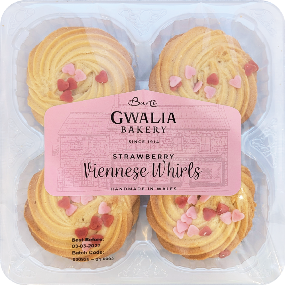 BURTS GWALIA BAKERY 4 Strawberry Viennese Whirls with Hearts 160g