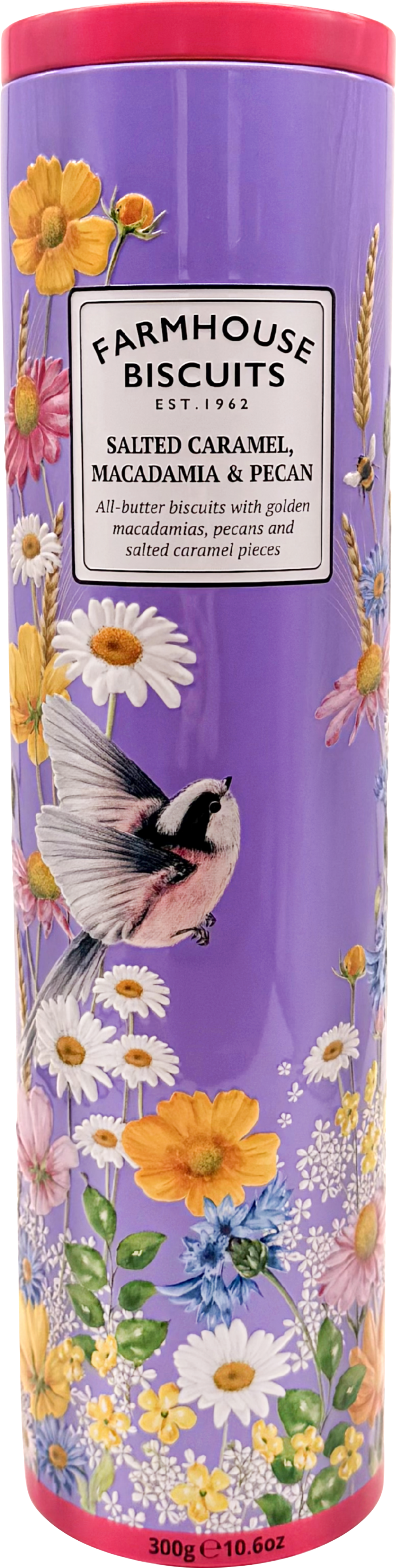 FARMHOUSE BISCUITS Salted Caramel, Macadamia & Pecan Biscuits in Birds in Bloom Tin 300g