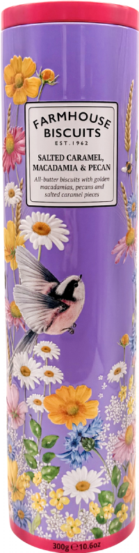 FARMHOUSE BISCUITS Salted Caramel, Macadamia & Pecan Biscuits in Birds in Bloom Tin 300g